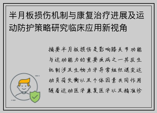 半月板损伤机制与康复治疗进展及运动防护策略研究临床应用新视角