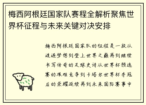 梅西阿根廷国家队赛程全解析聚焦世界杯征程与未来关键对决安排